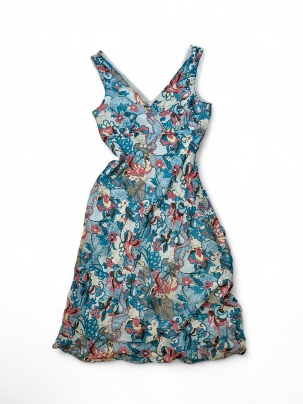 100% Silk BCBG Floral V‑Neck Midi Dress in Blue and Pink